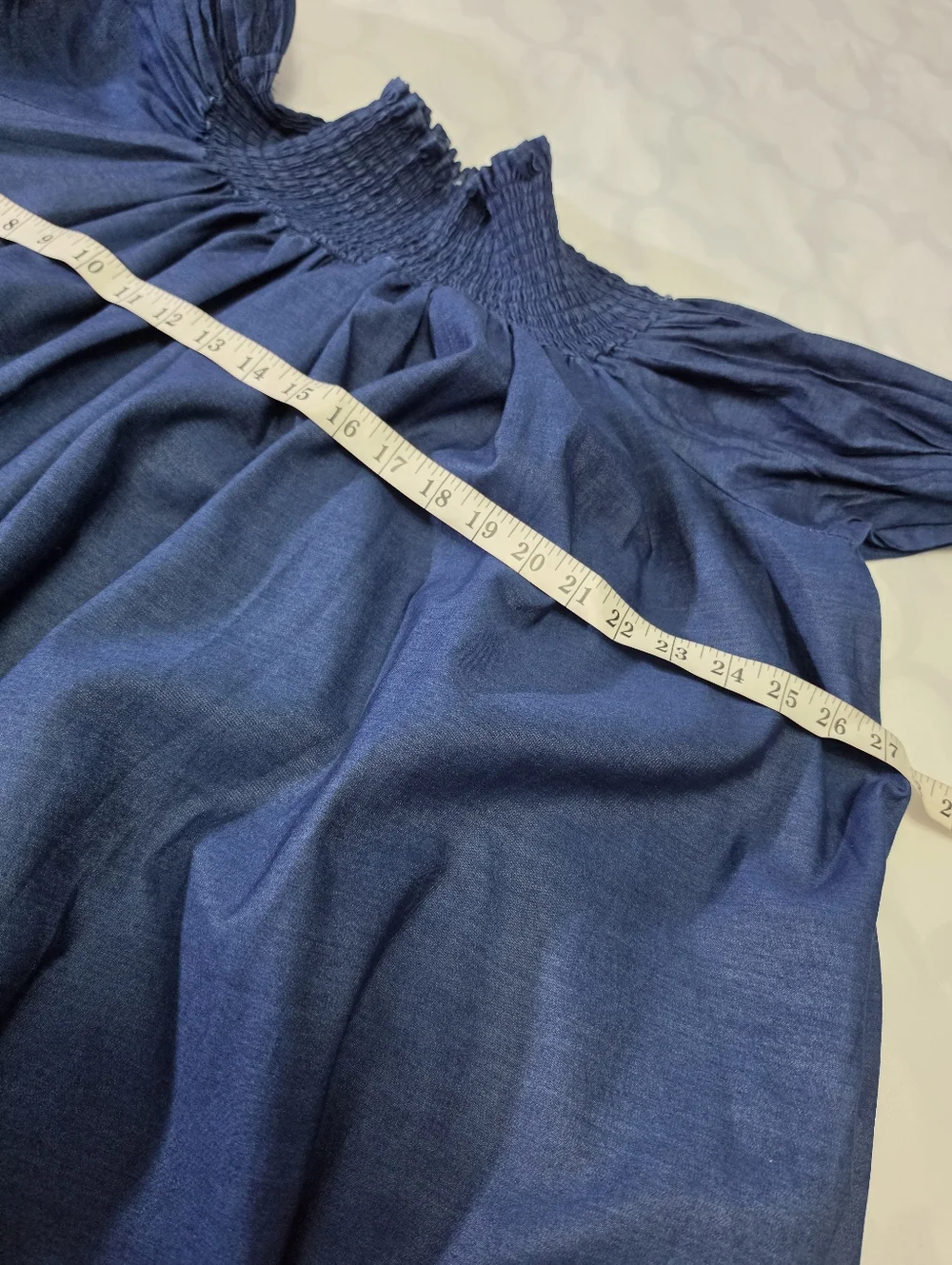 Elegant Navy Denim Off-Shoulder Dress with Ruffle Sleeves One Size